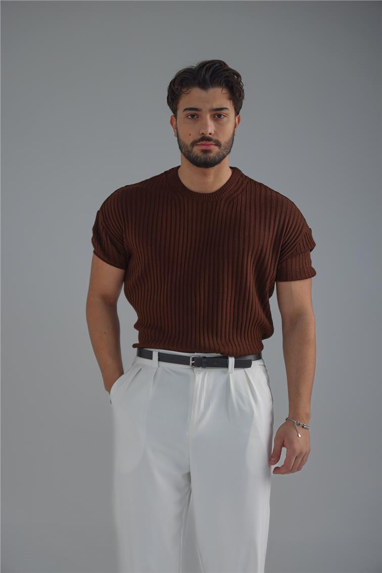 Loose Fit Ribbed T-Shirt Kahve