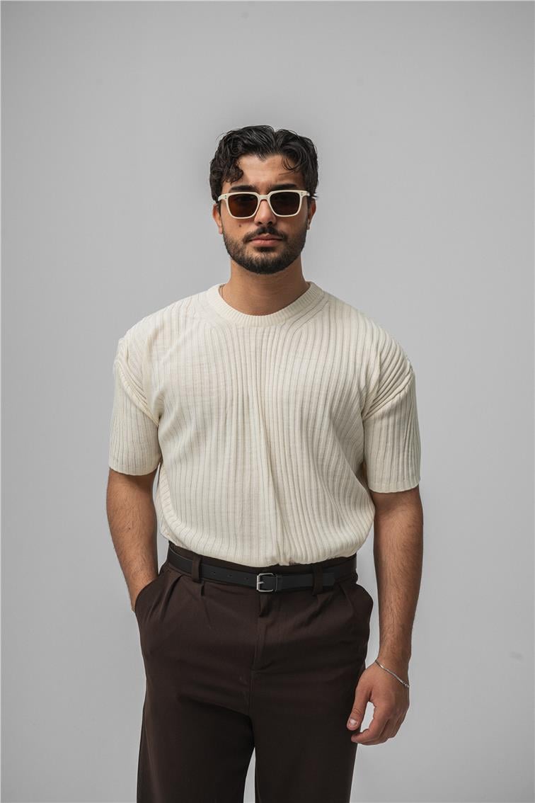 Loose Fit Ribbed T-Shirt Krem
