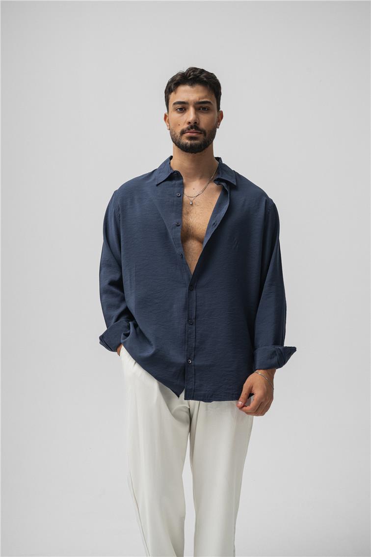 Lyocell Kumaş Oversize Gömlek Lacivert