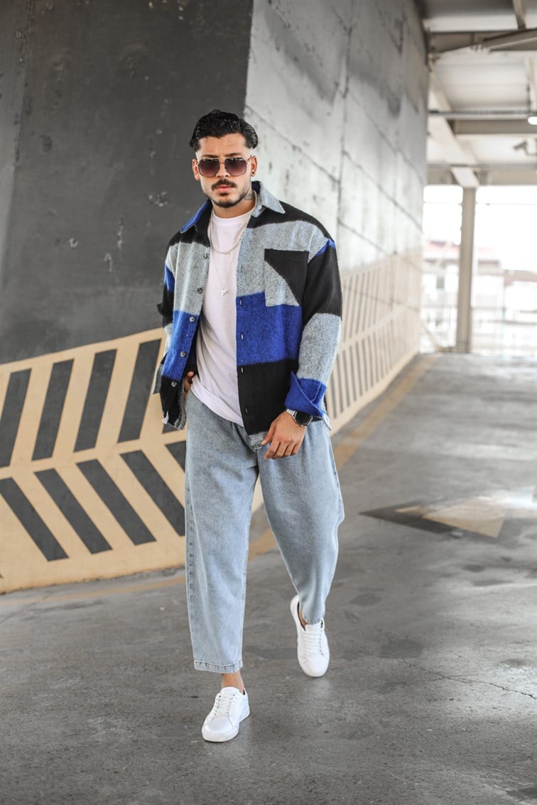 Mavi-Siyah Oversize Oduncu Gömlek