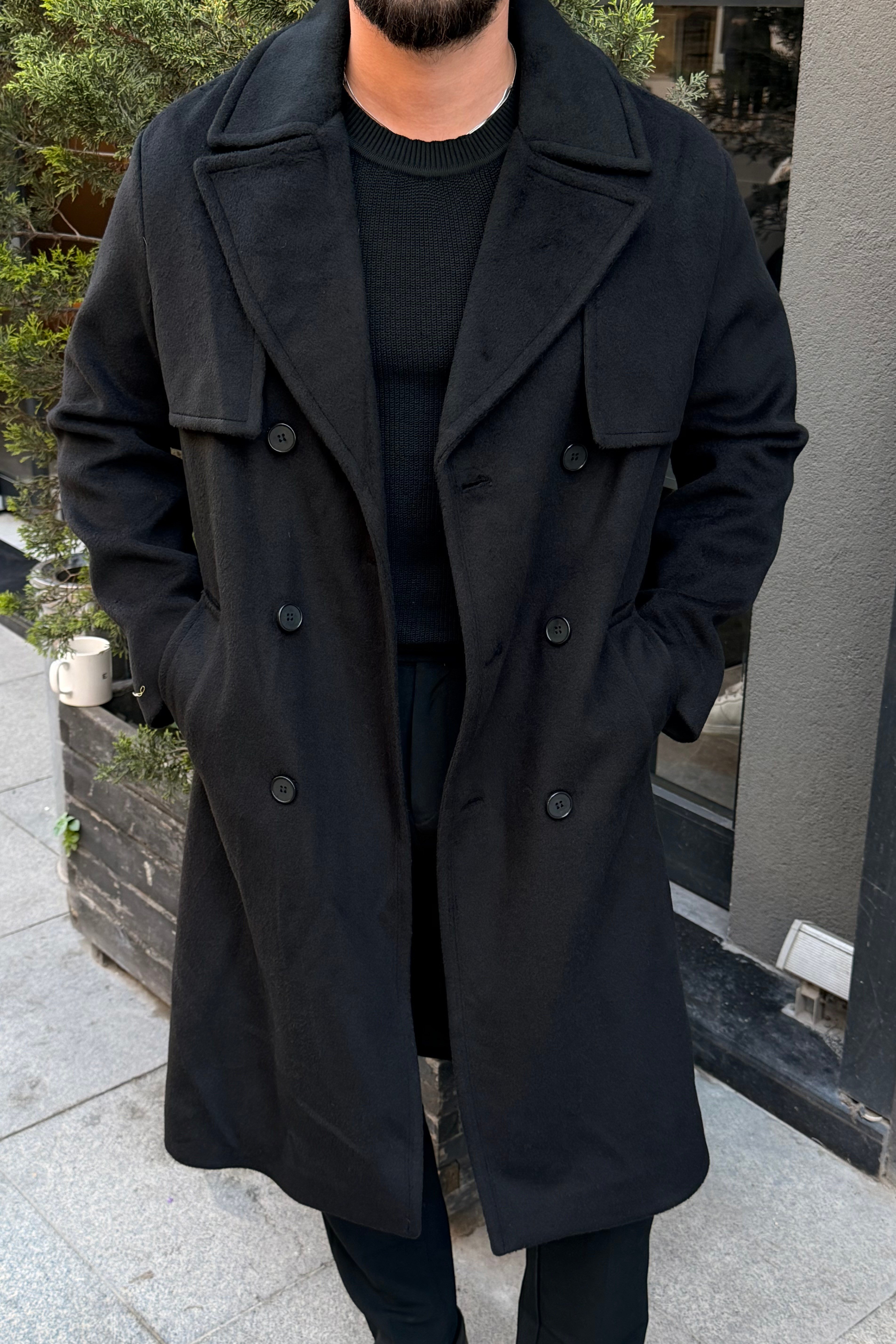 Milano Pr Uzun Oversize Kaşe Kaban Siyah