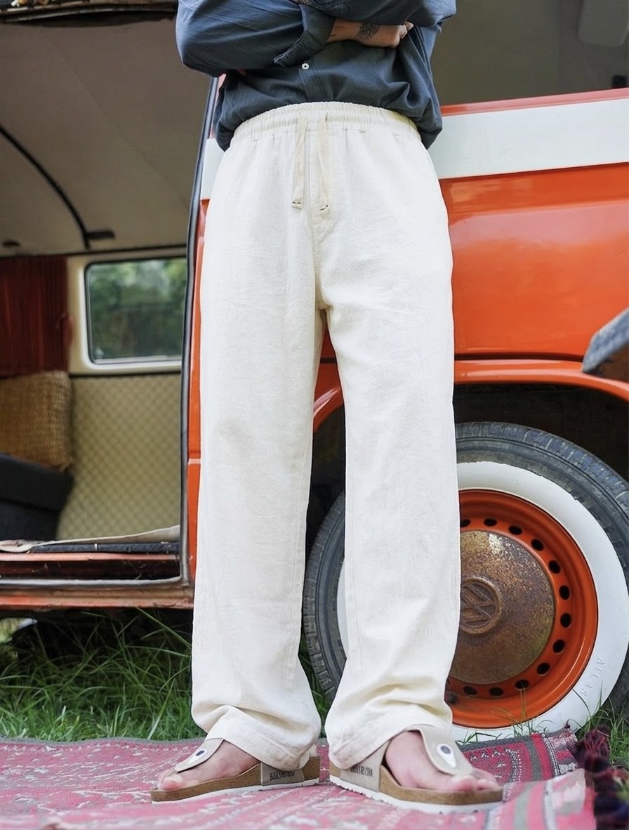 Minimal Baskılı Keten Baggy Pantolon Beyaz