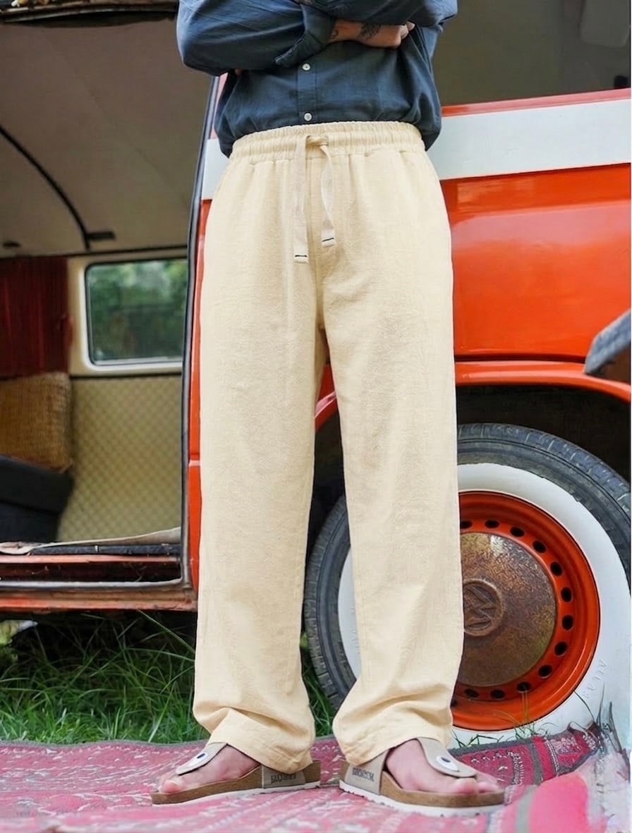Minimal Baskılı Keten Baggy Pantolon Krem