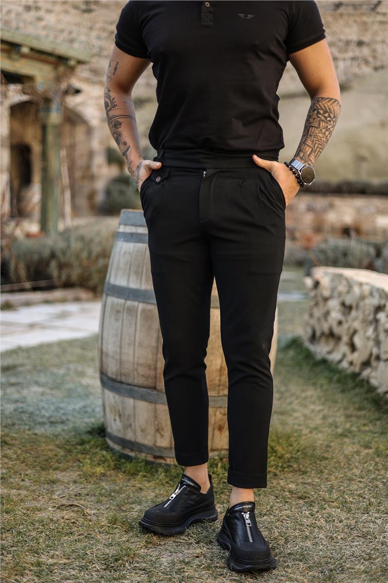 Modern Kendinden Kemerli Klasik Kalem Pantolon Siyah