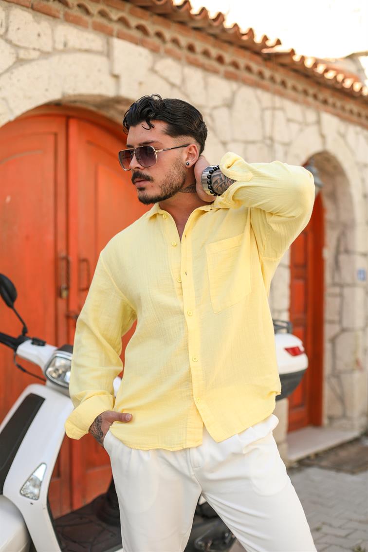 Müslin Arka Pileli Oversize Gömlek Sarı