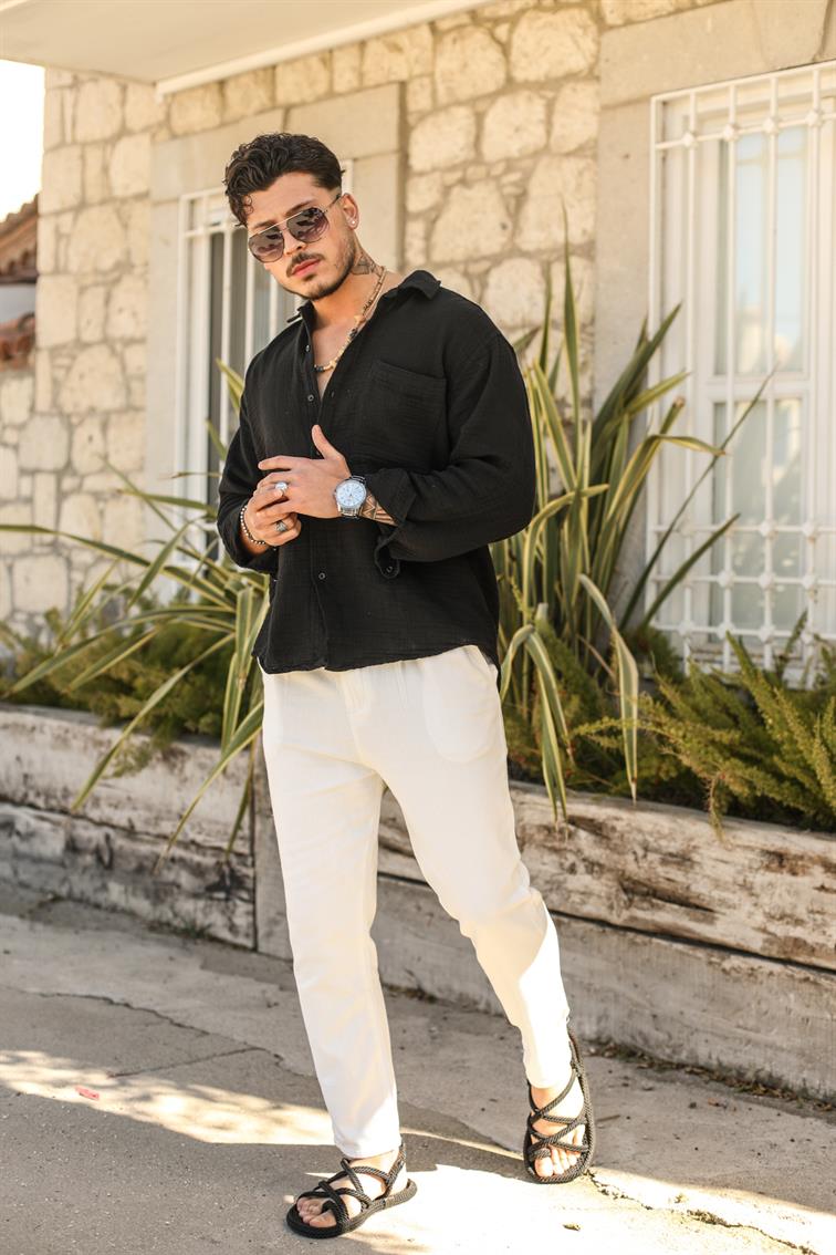 Müslin Arka Pileli Oversize Gömlek Siyah