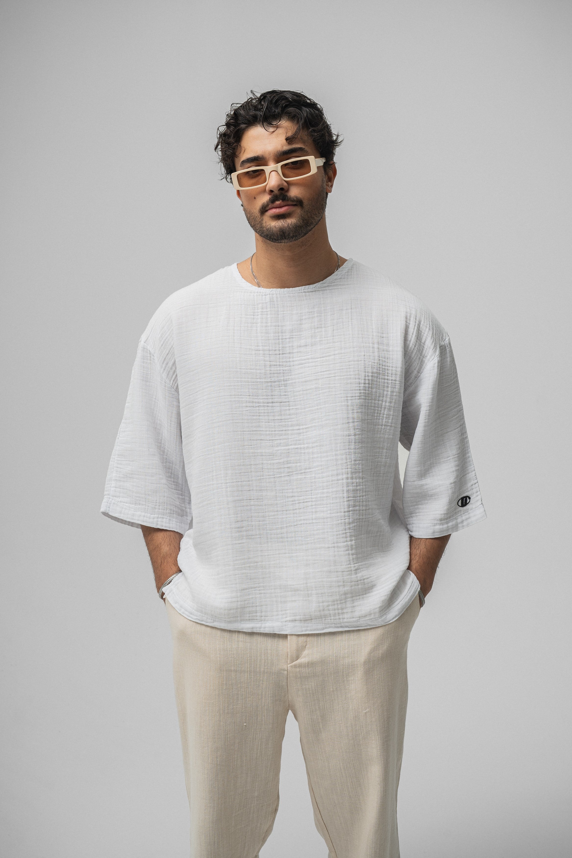 Müslin Fakir Kol Oversize Tshirt Beyaz