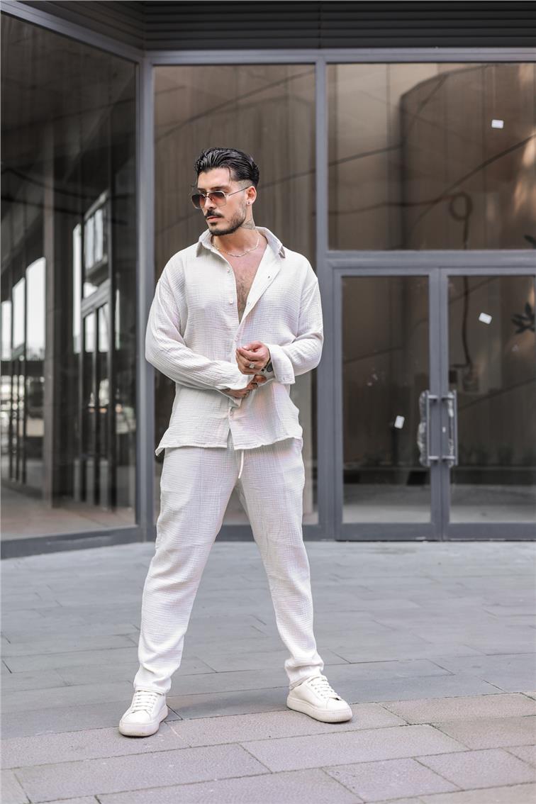 Müslin Kumaş Baggy Pantolon Kırık Beyaz