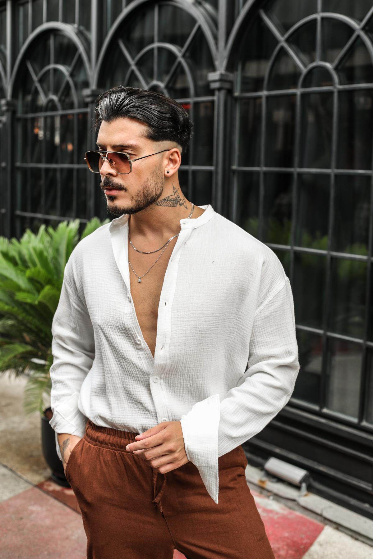 Müslin Kumaş Düz Yaka Oversize Gömlek Beyaz