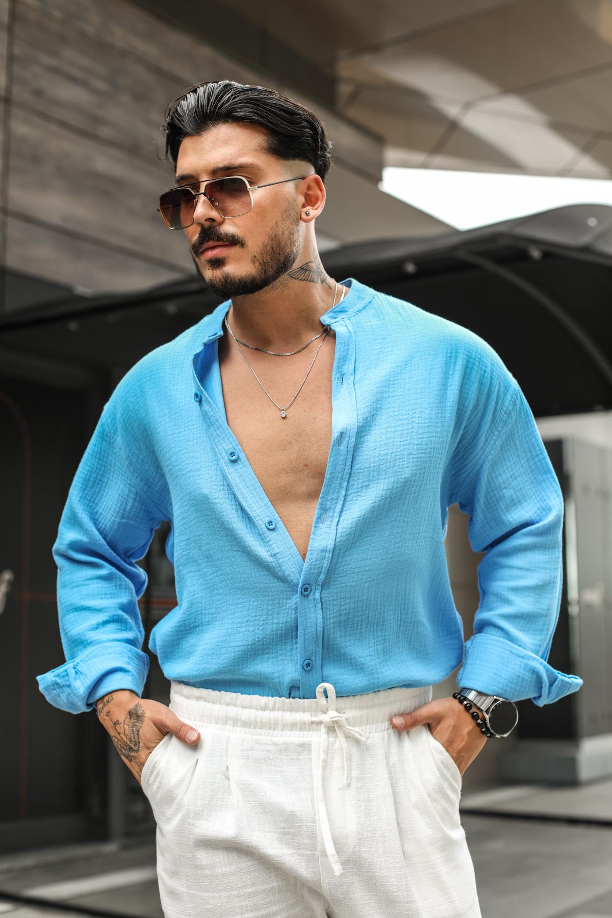 Müslin Kumaş Düz Yaka Oversize Gömlek Mavi
