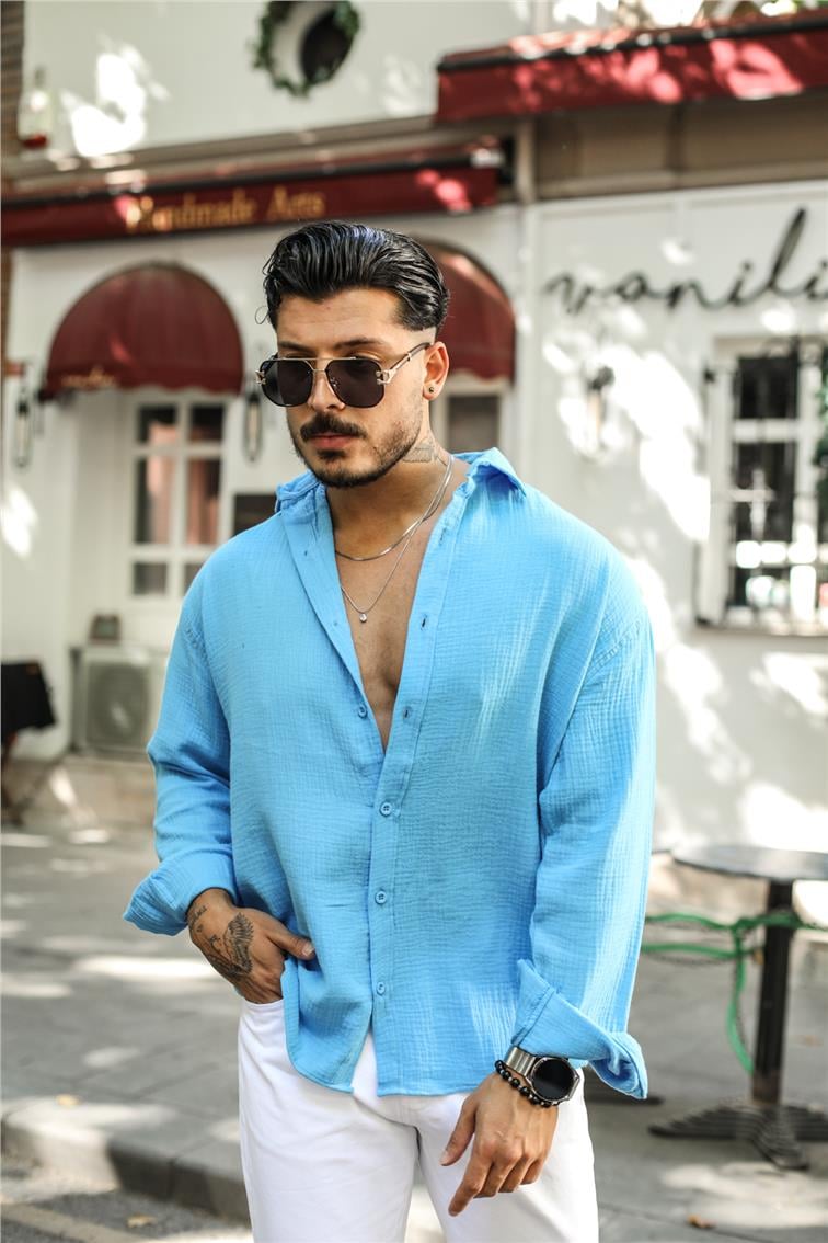 Müslin Kumaş Oversize Gömlek Açık Mavi