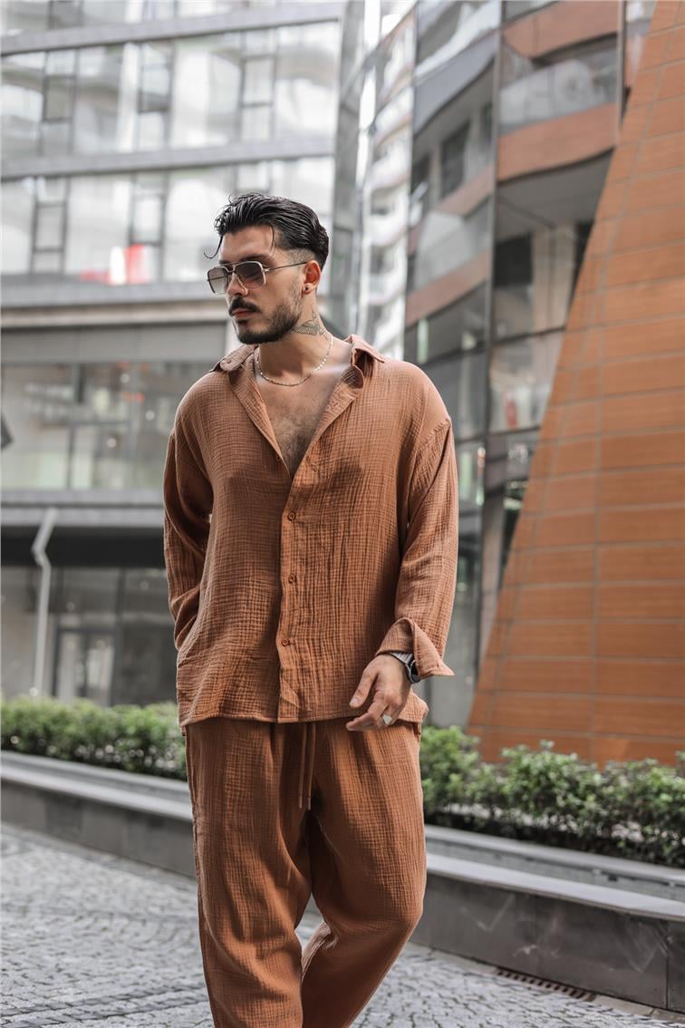 Müslin Kumaş Oversize Gömlek Taba