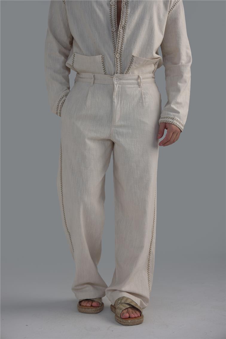 Nakış Detay Keten Baggy Bej