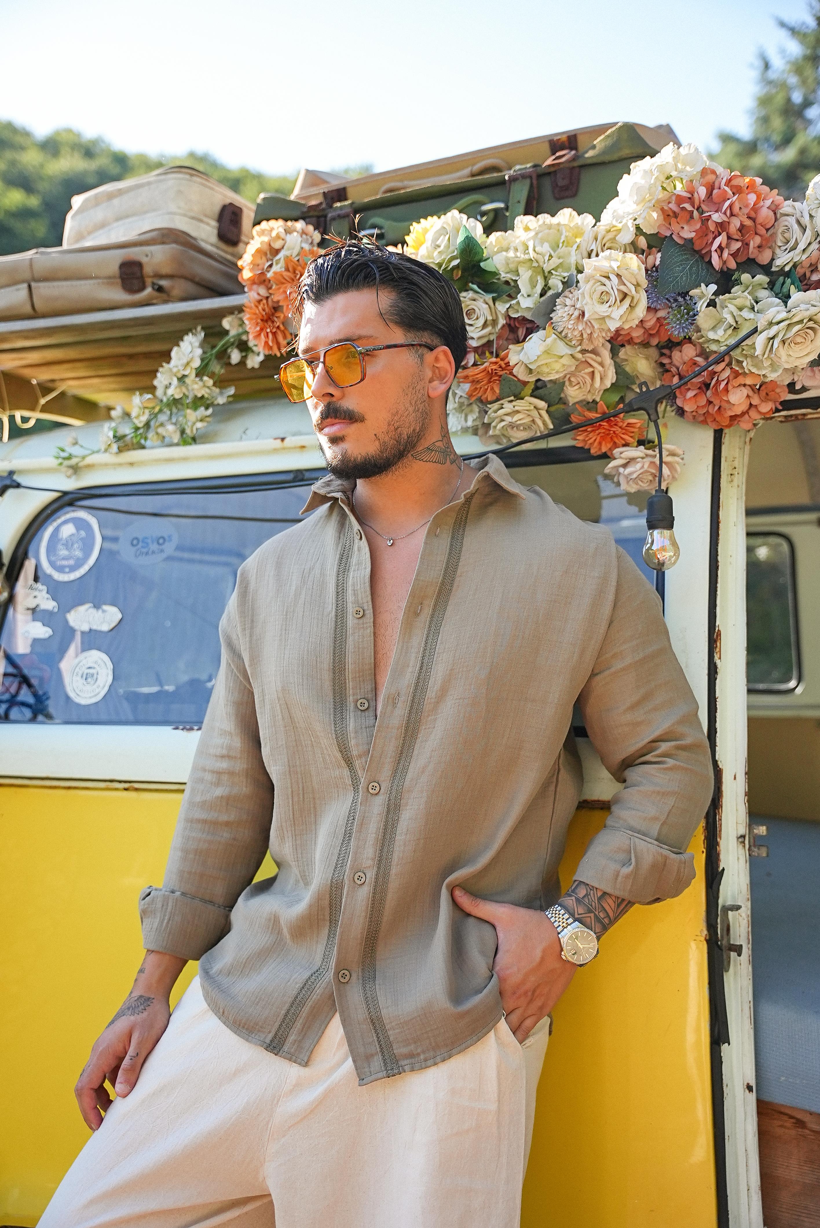 Nakışlı Müslin Oversize Gömlek Haki
