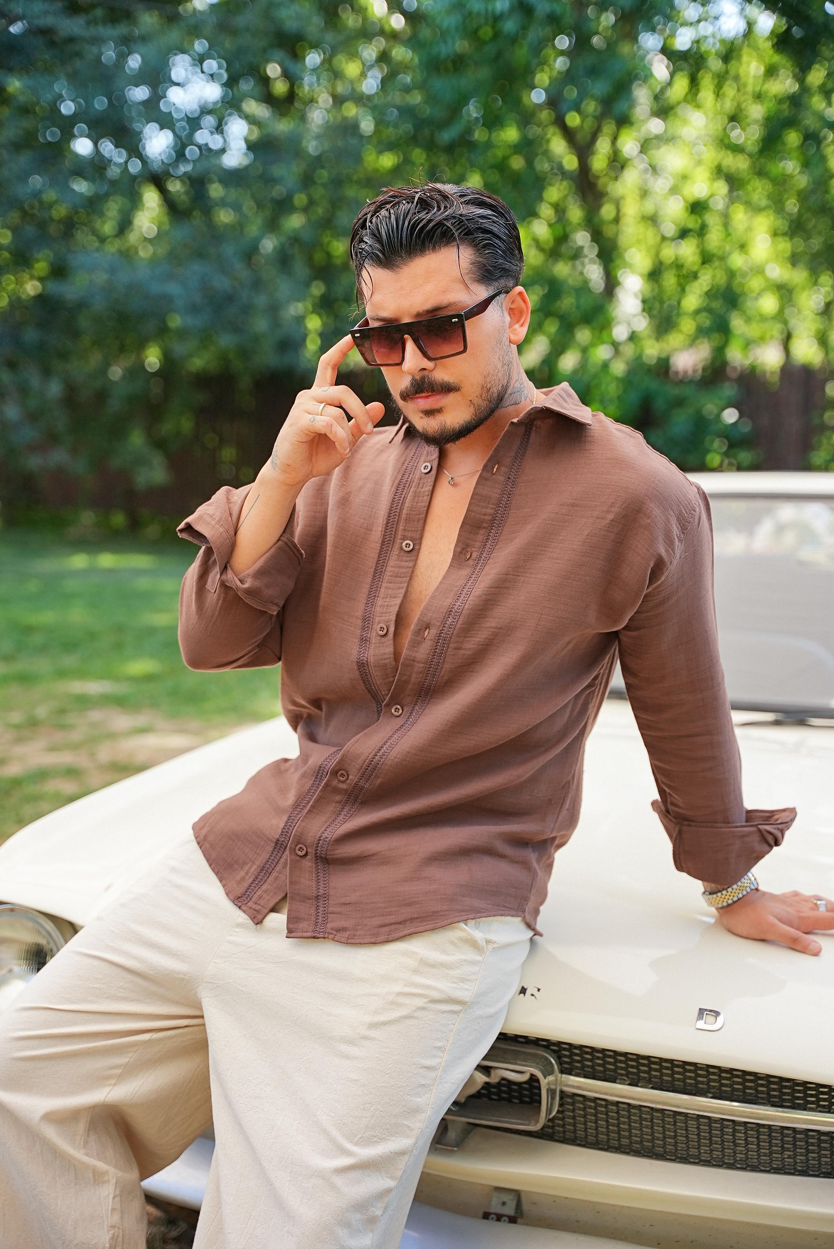 Nakışlı Müslin Oversize Gömlek Kahve