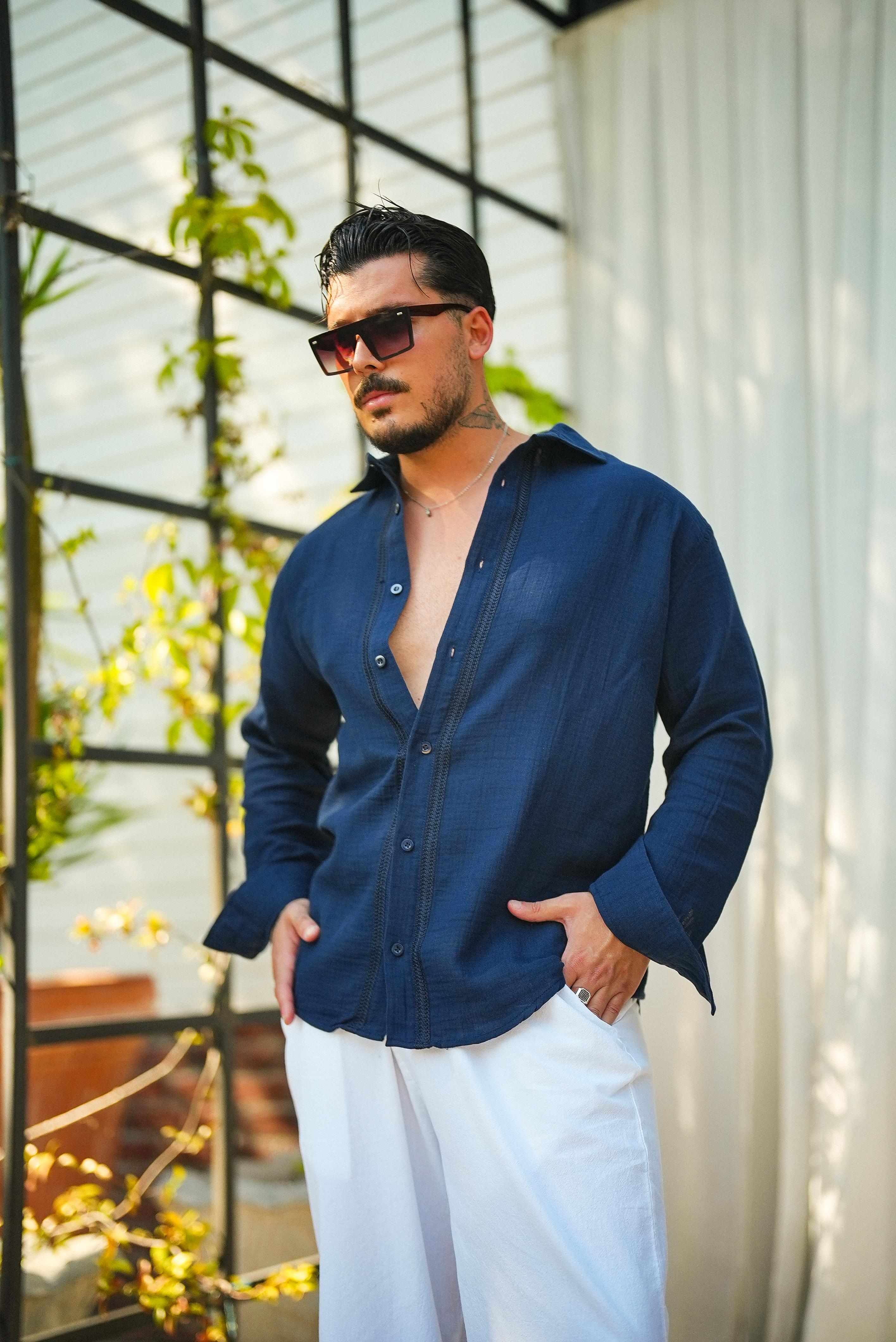 Nakışlı Müslin Oversize Gömlek Lacivert