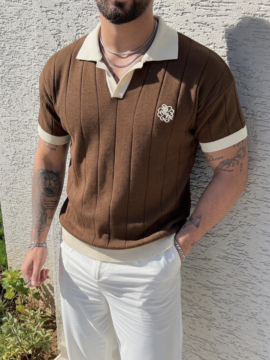 Nakışlı Renk Geçişli Polo Yaka Triko Tshirt Kahve