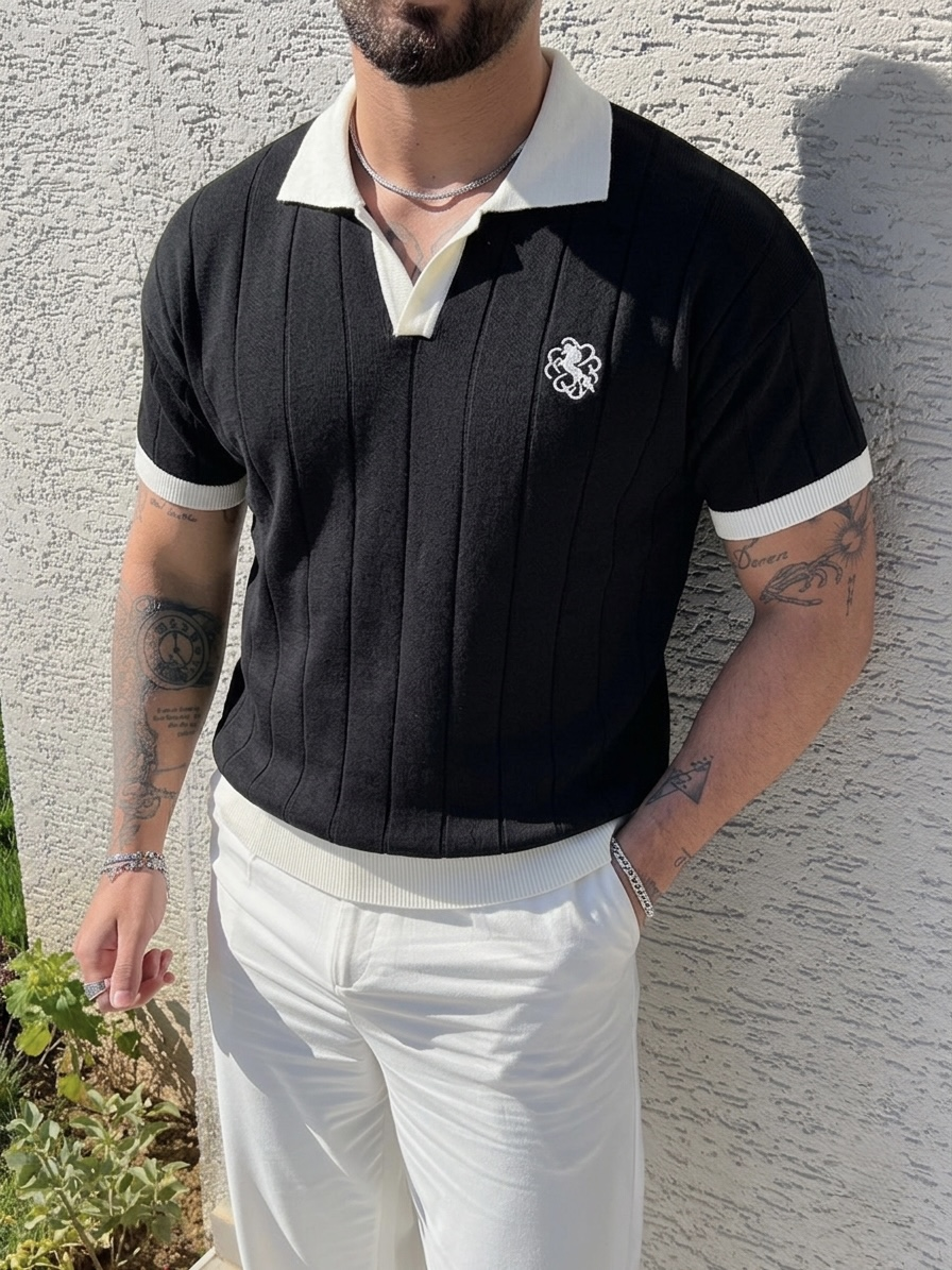 Nakışlı Renk Geçişli Polo Yaka Triko Tshirt Siyah