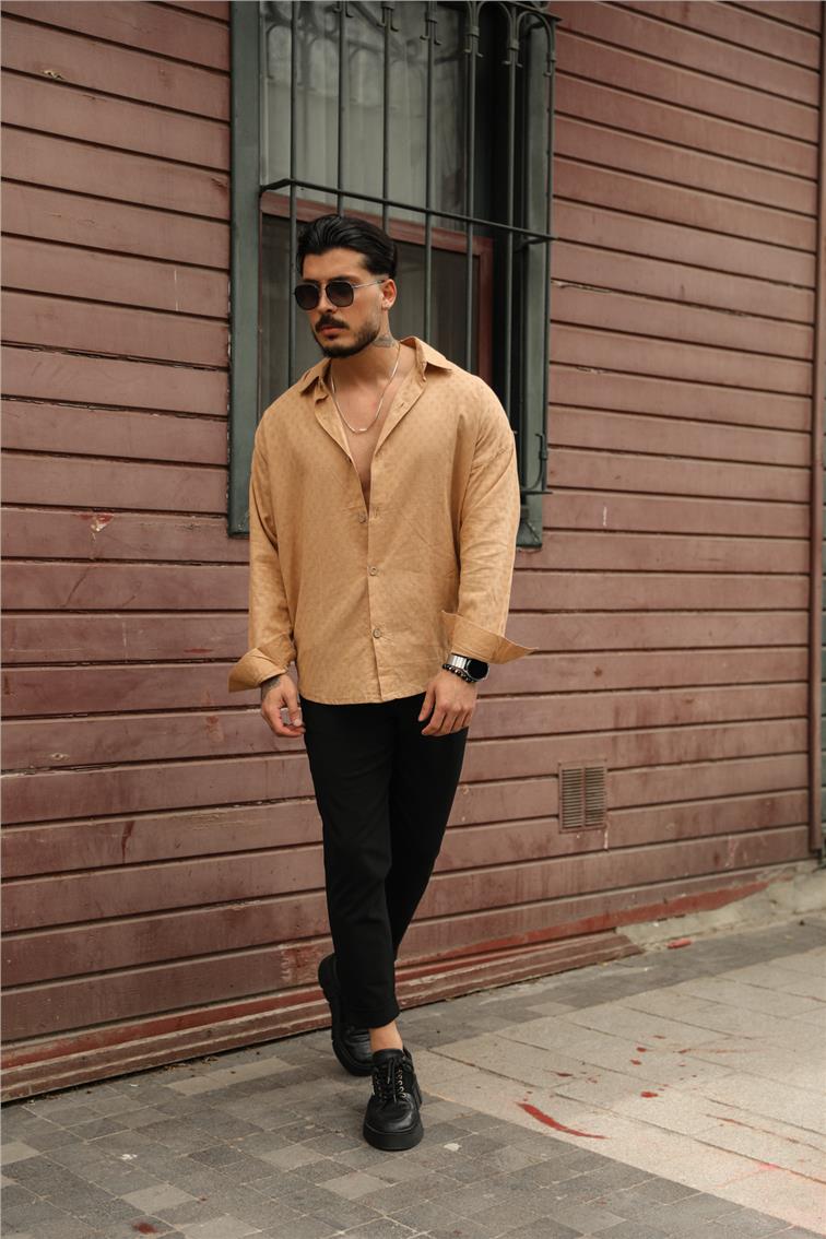 Nokta Örmeli Oversize Gömlek Camel
