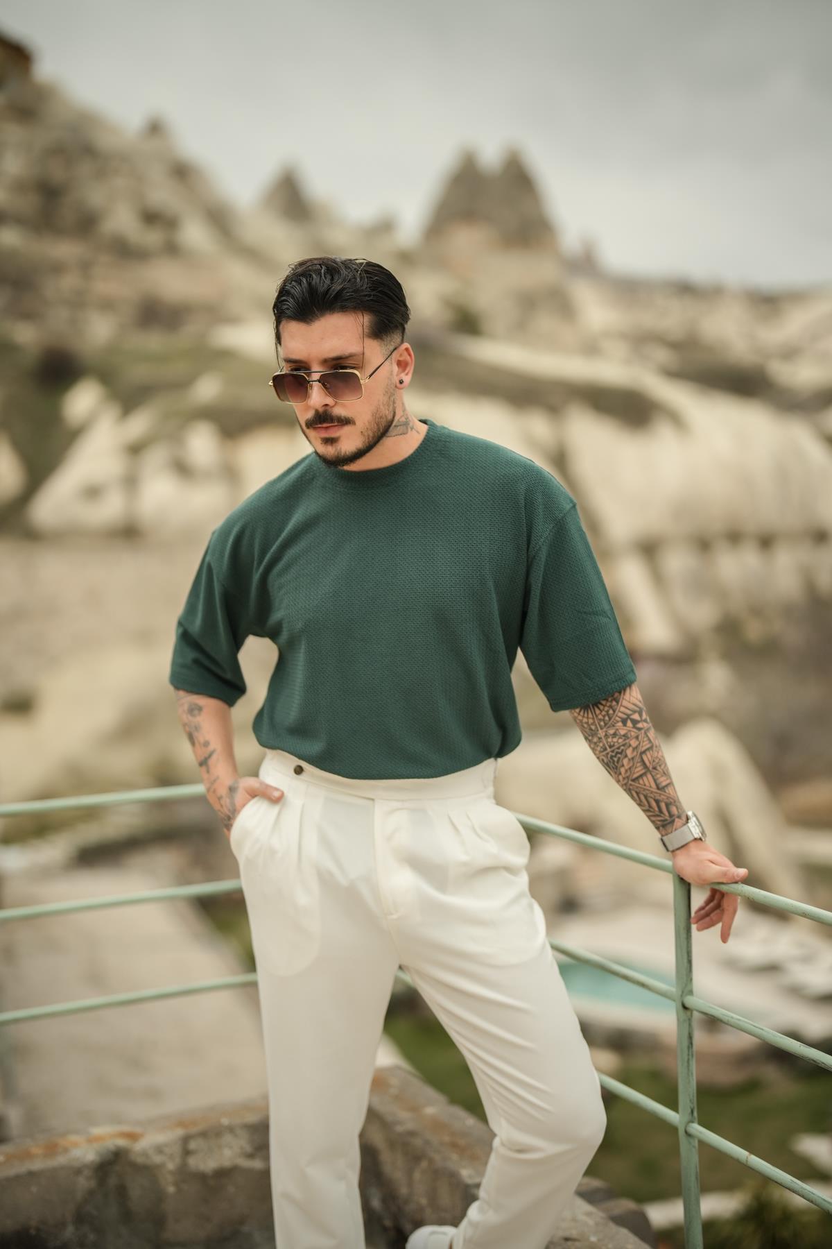 Noktalı Kumaş Pamuklu Oversize T-Shirt Koyu Yeşil