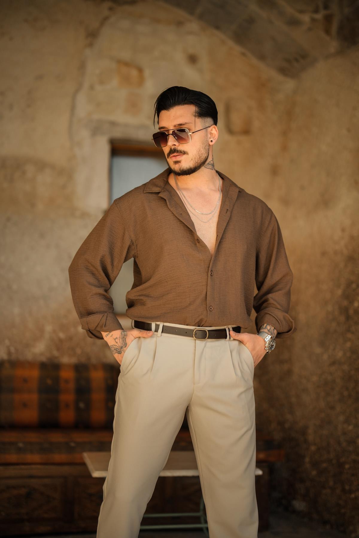 Non Iron Oversize Gömlek Kahve