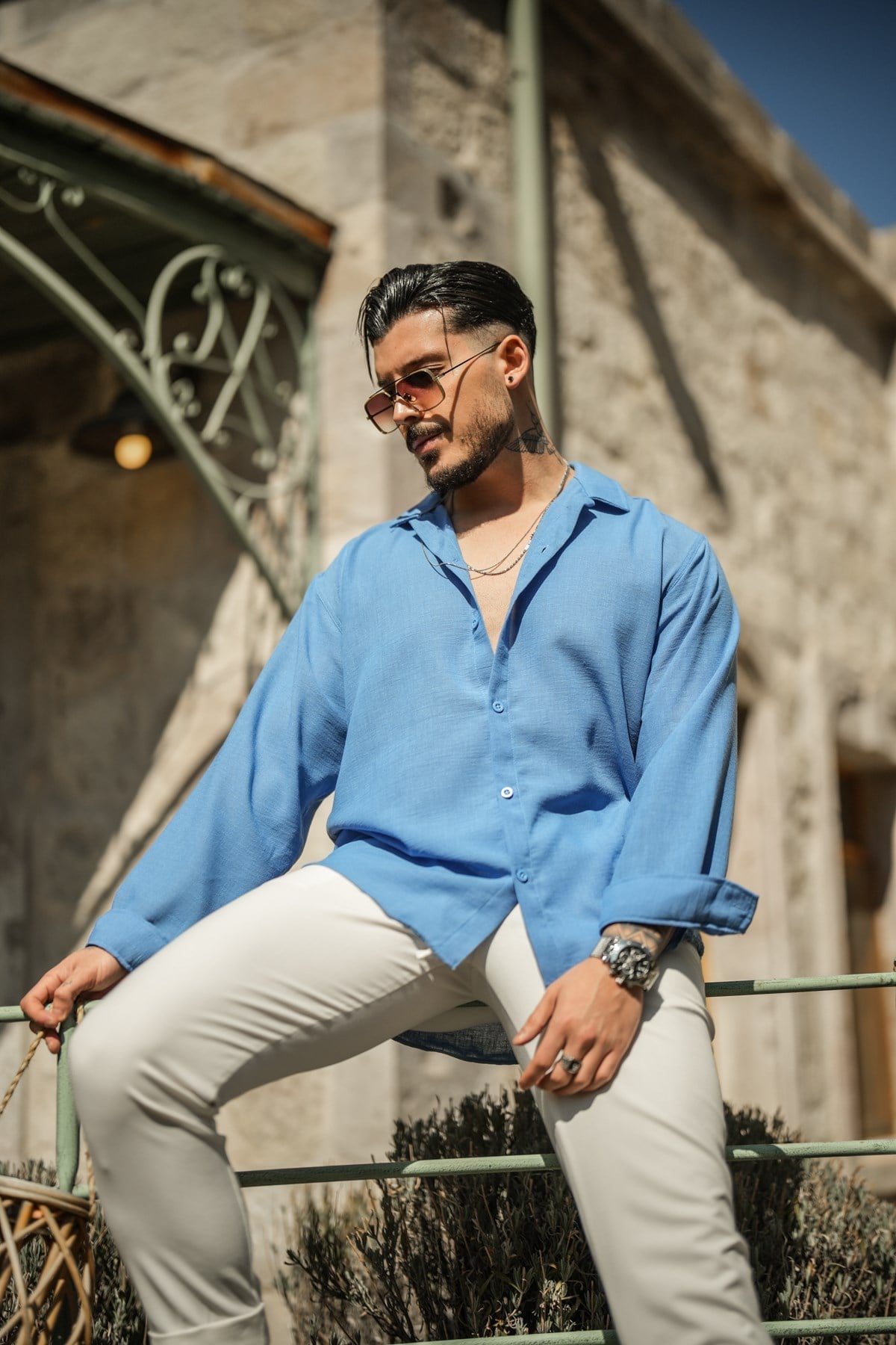 Non İron Oversize Gömlek Mavi