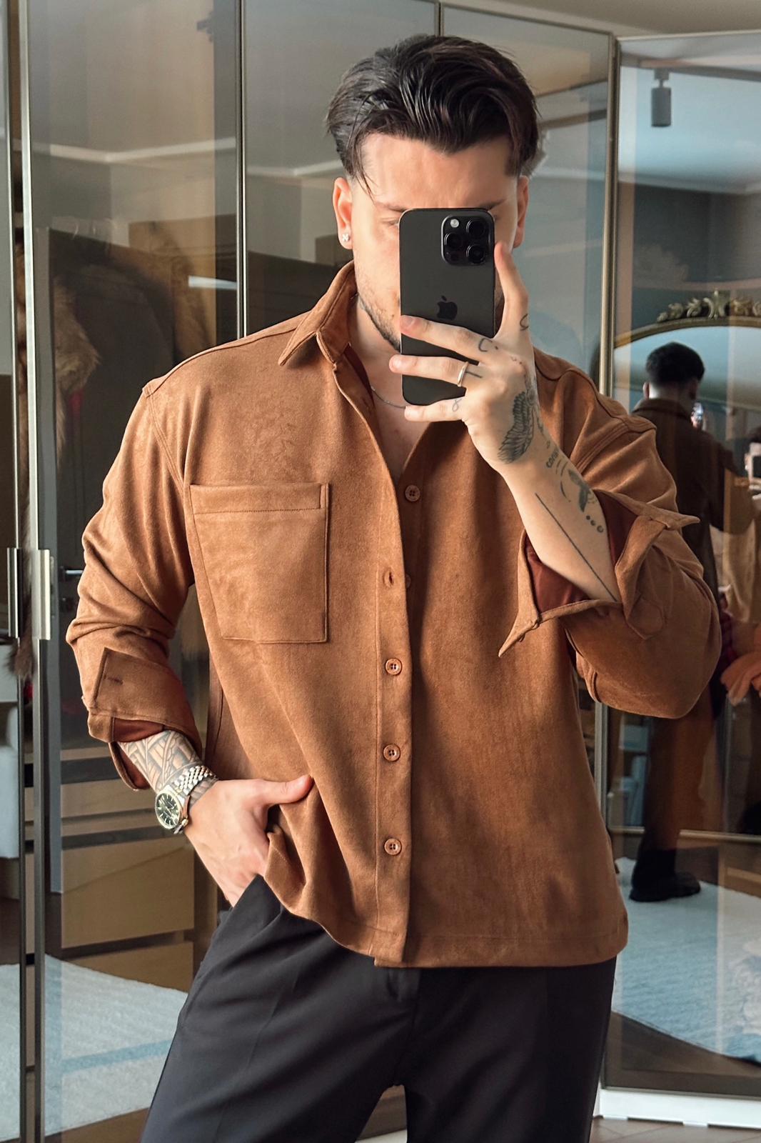 Nubuk Kumaş NGR Rahat Kalıp Gömlek Kahve