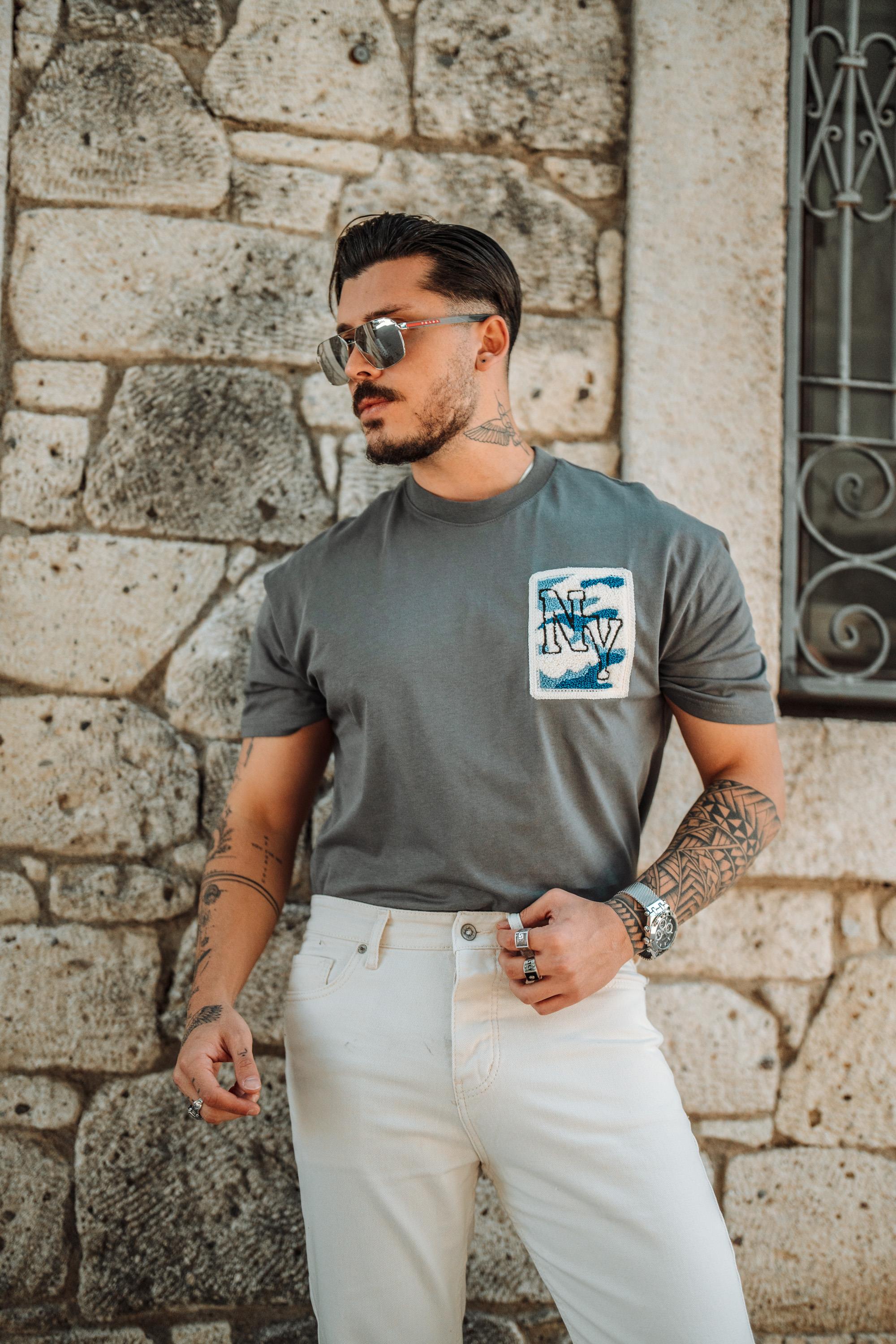NY Nakışlı Oversize T-Shirt Kurşun
