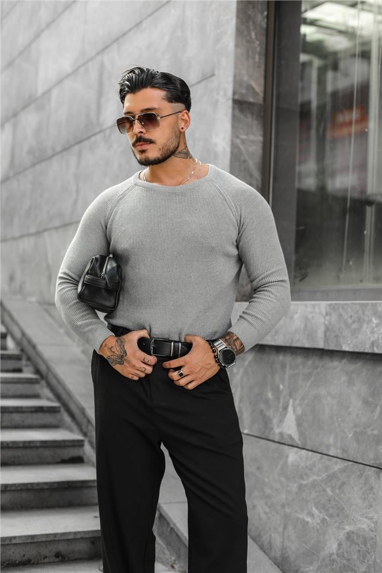 Omuz Detay Triko Örgülü Slim Fit Kazak Kurşun
