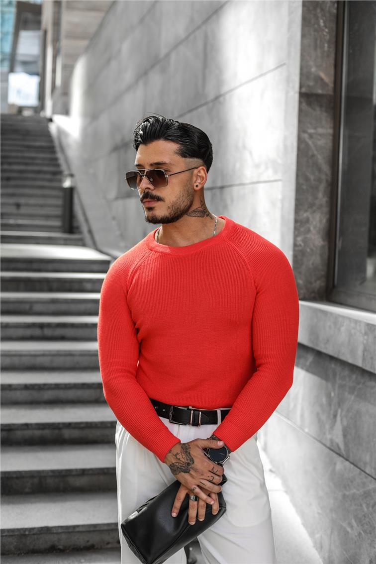 Omuz Detay Triko Örgülü Slim Fit Kazak Kırmızı