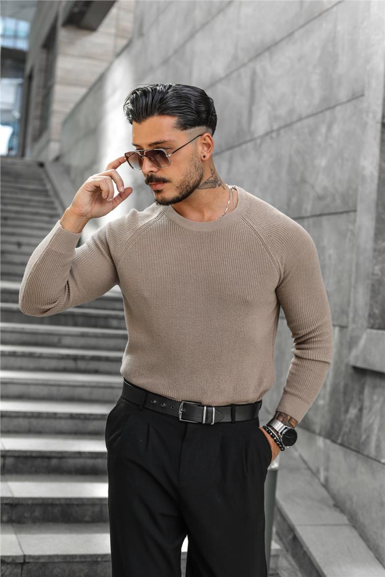 Omuz Detay Triko Örgülü Slim Fit Kazak Kum Beji