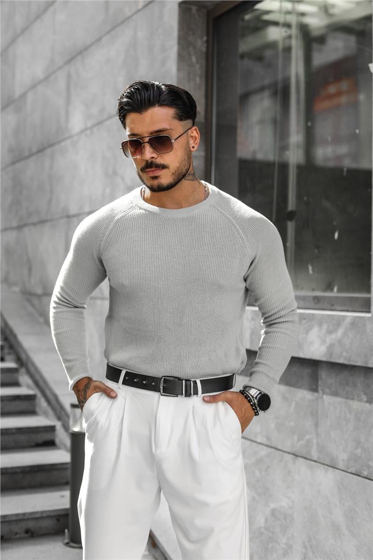 Omuz Detay Triko Örgülü Slim Fit Kazak Gri