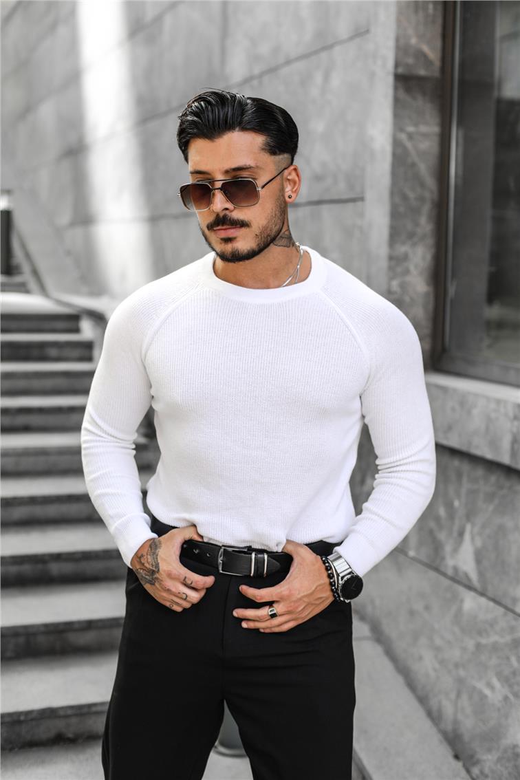 Omuz Detay Triko Örgülü Slim Fit Kazak Beyaz