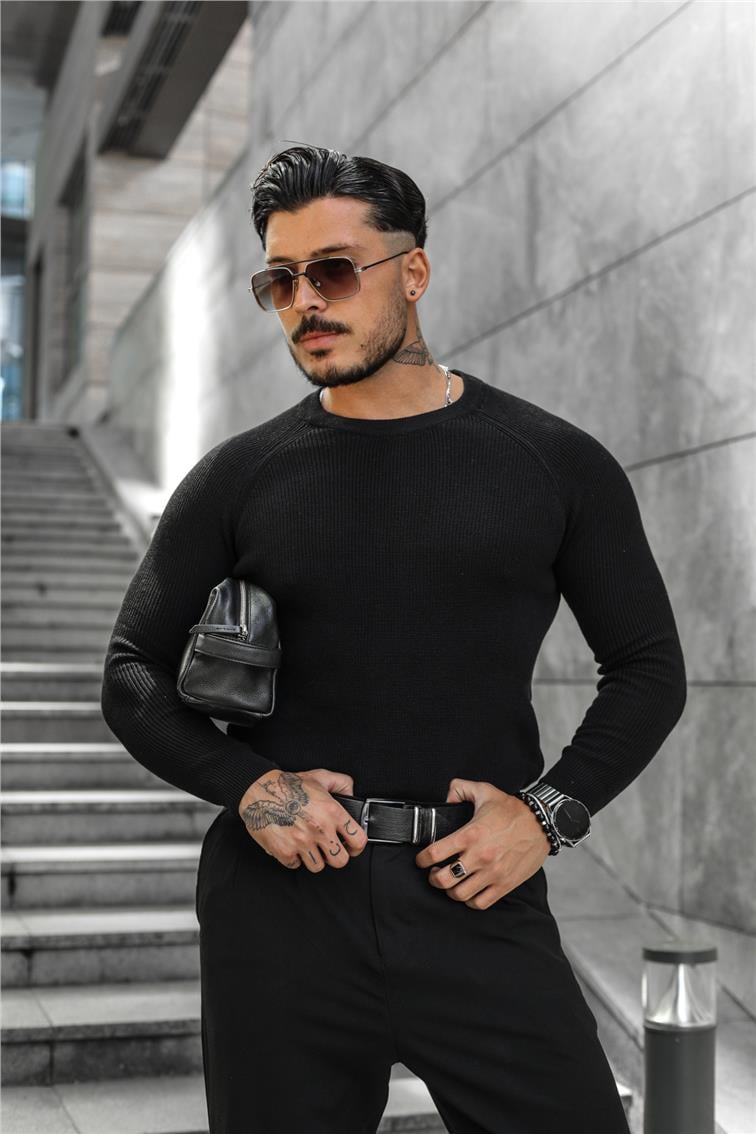 Omuz Detay Triko Örgülü Slim Fit Kazak Siyah