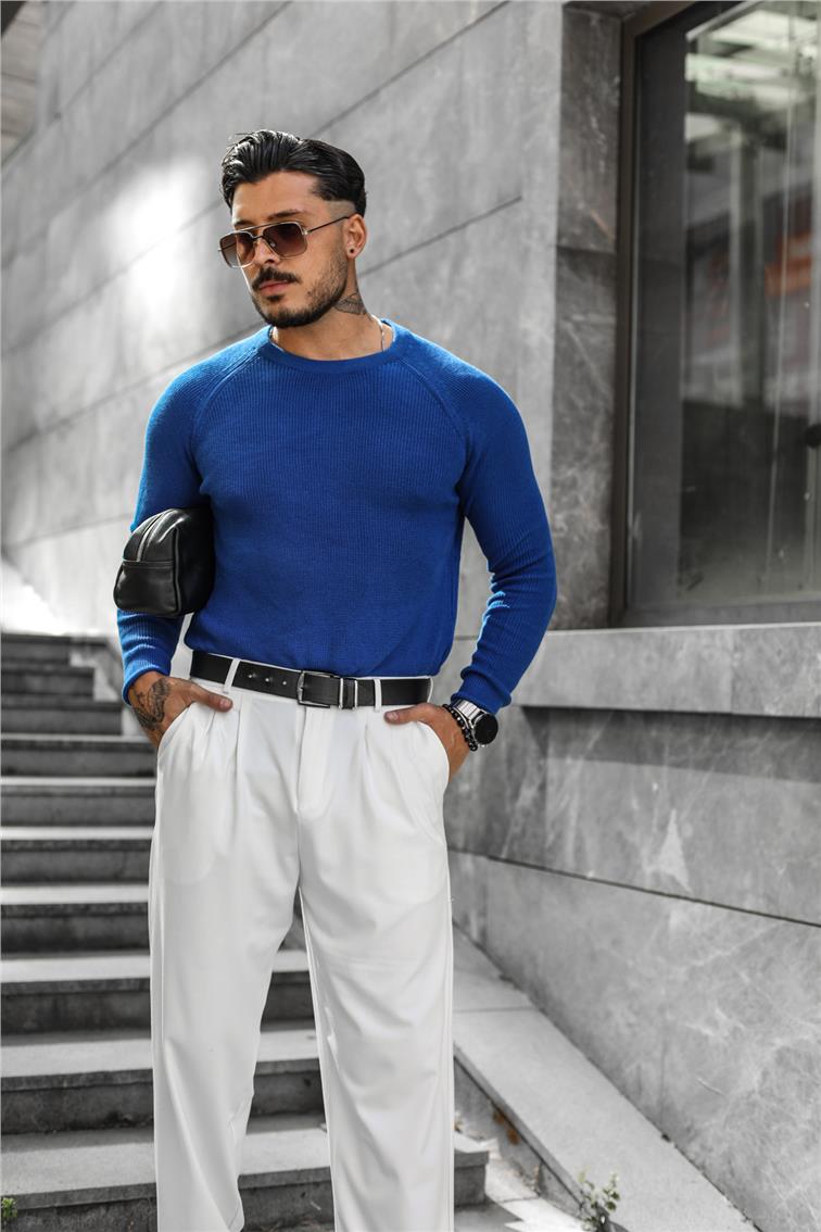 Omuz Detay Triko Örgülü Slim Fit Kazak Koyu Mavi