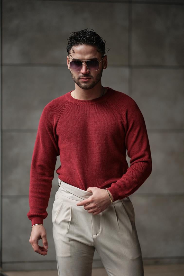 Omuz Detay Triko Örgülü Slim Fit Kazak Bordo