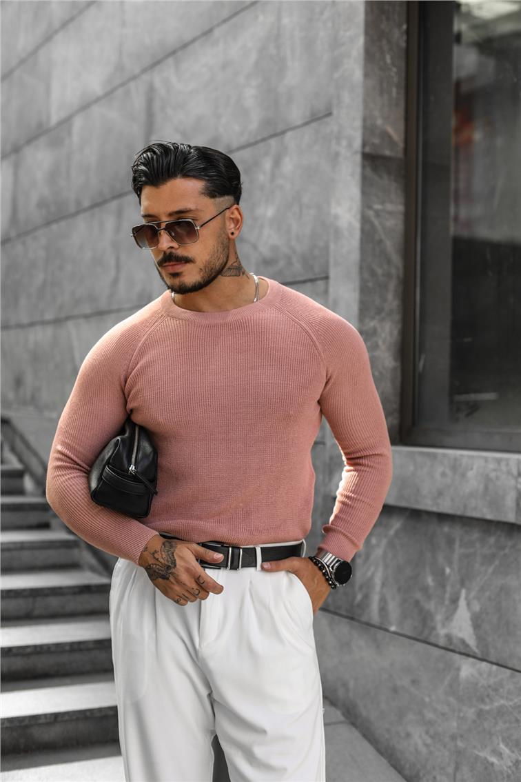 Omuz Detay Triko Örgülü Slim Fit Kazak Pudra