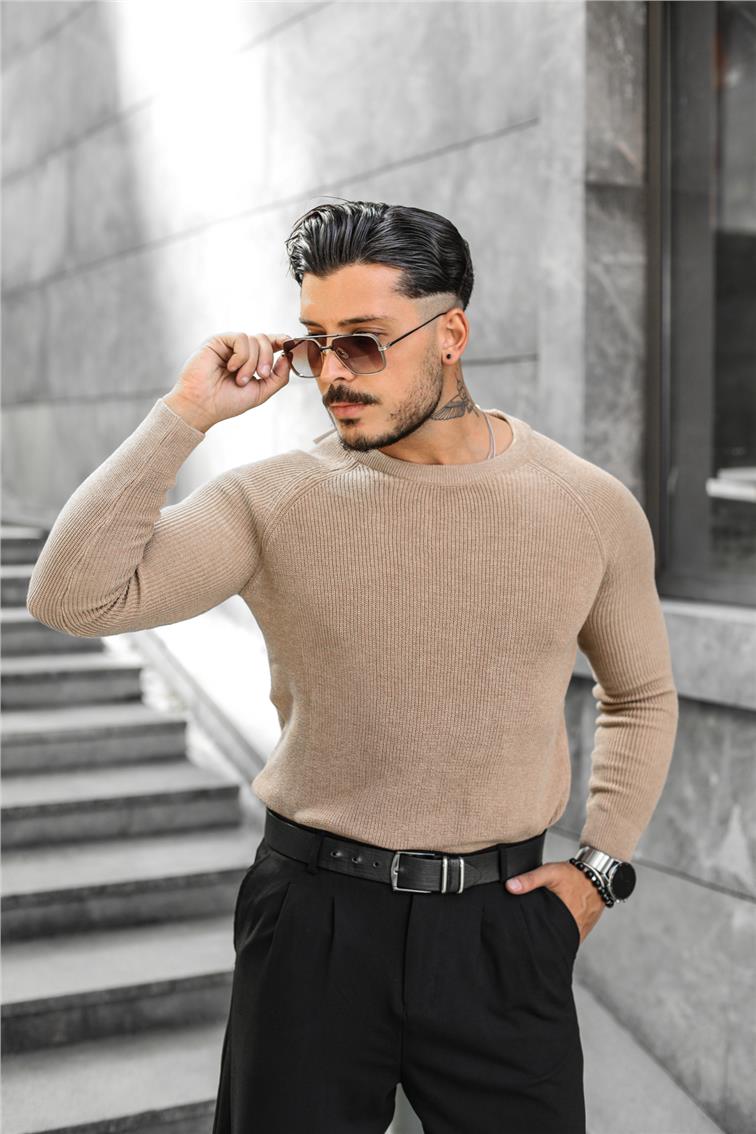 Omuz Detay Triko Örgülü Slim Fit Kazak Kahve