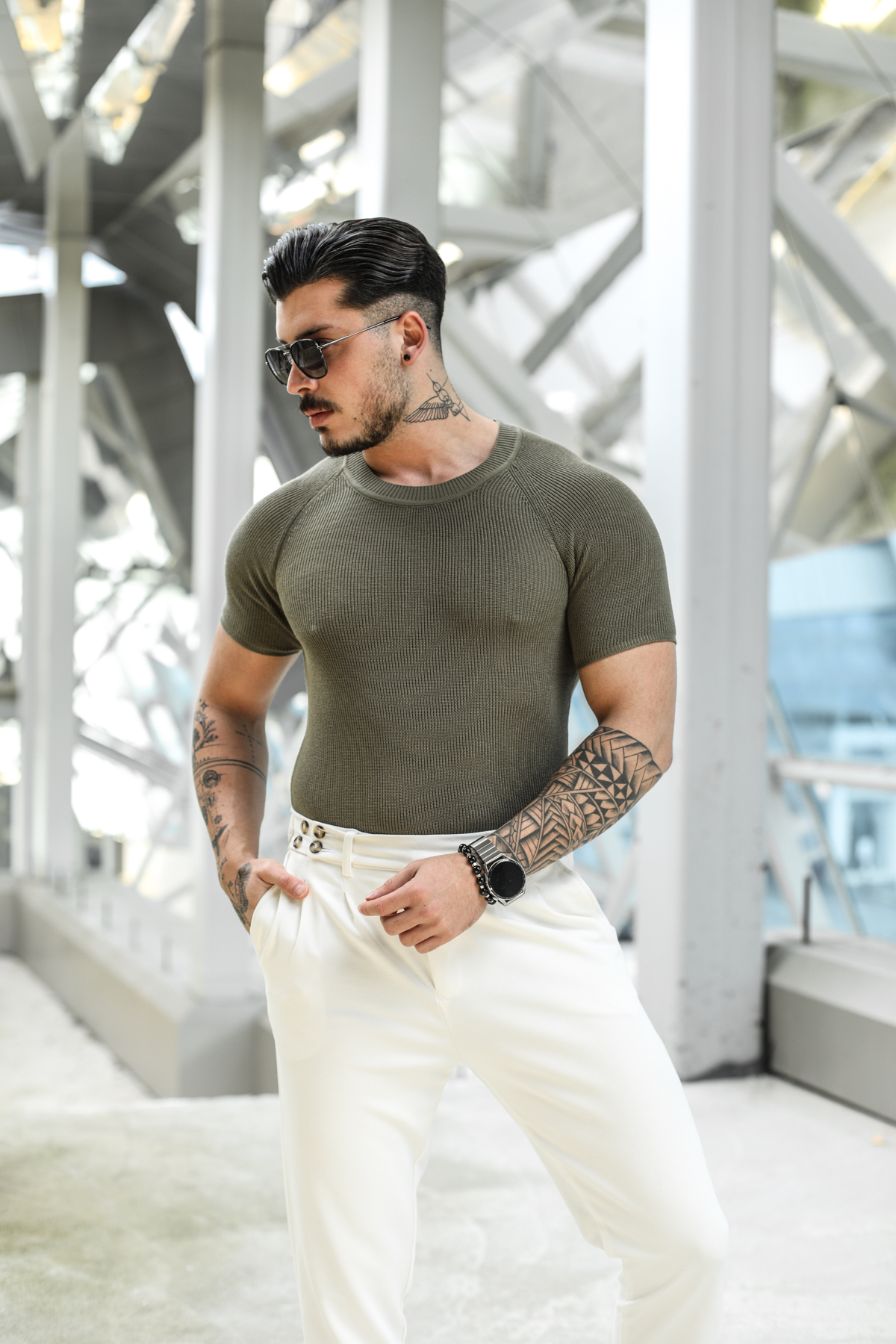 Omuz Detay Triko Tshirt Haki