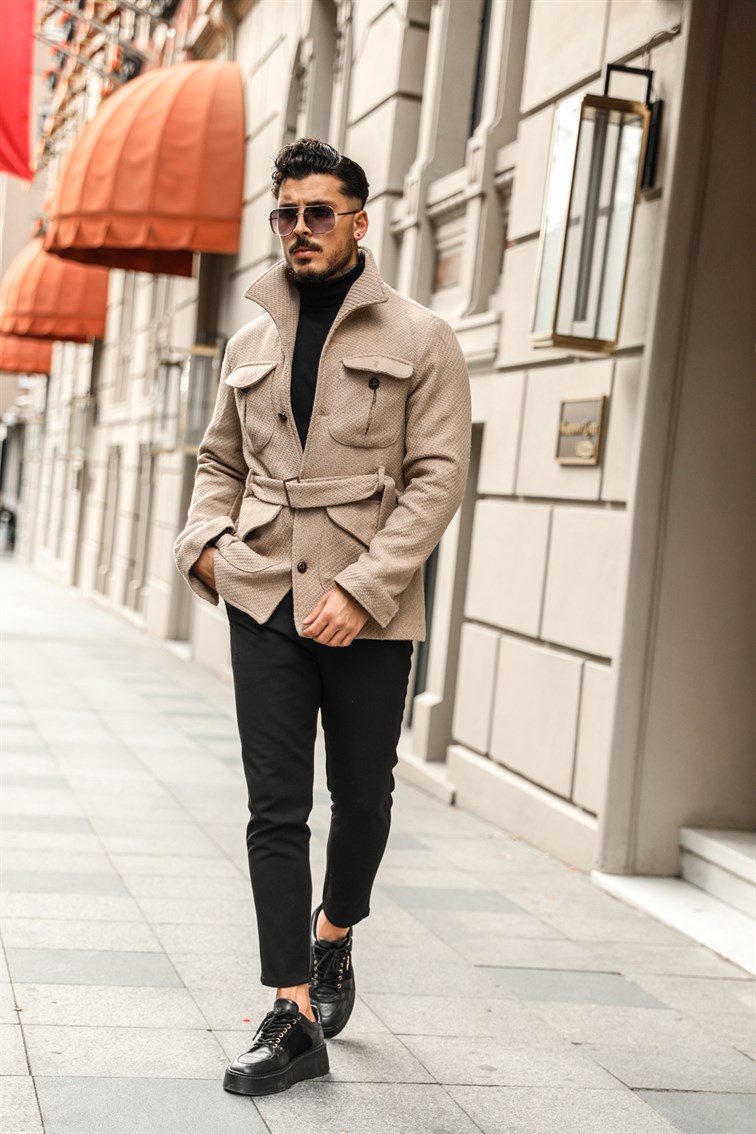 Örgü Detaylı Kuşaklı Ceket / Mont