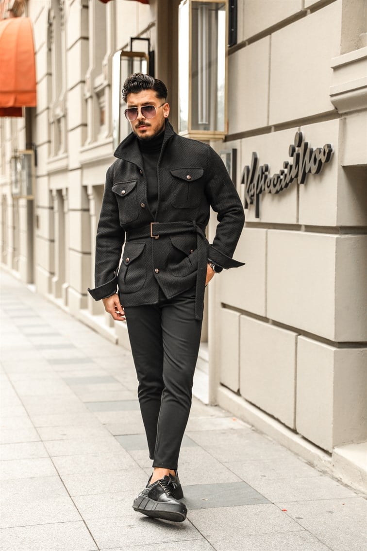 Örgü Detaylı Kuşaklı Ceket / Mont