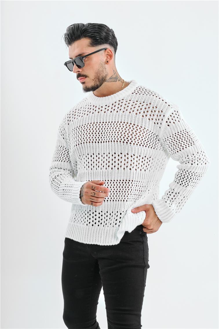 Örgü Detaylı Oversize Kazak Beyaz