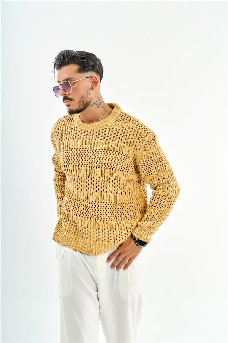 Örgü Detaylı Oversize Kazak Hardal