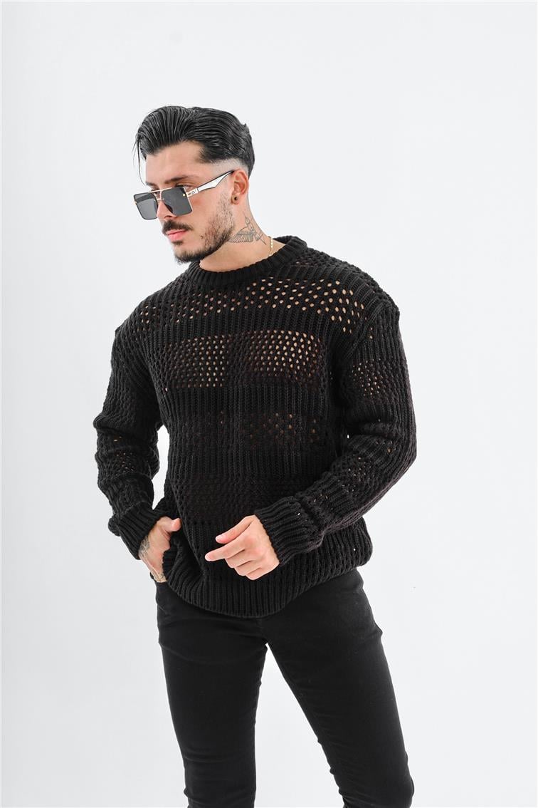 Örgü Detaylı Oversize Kazak Siyah