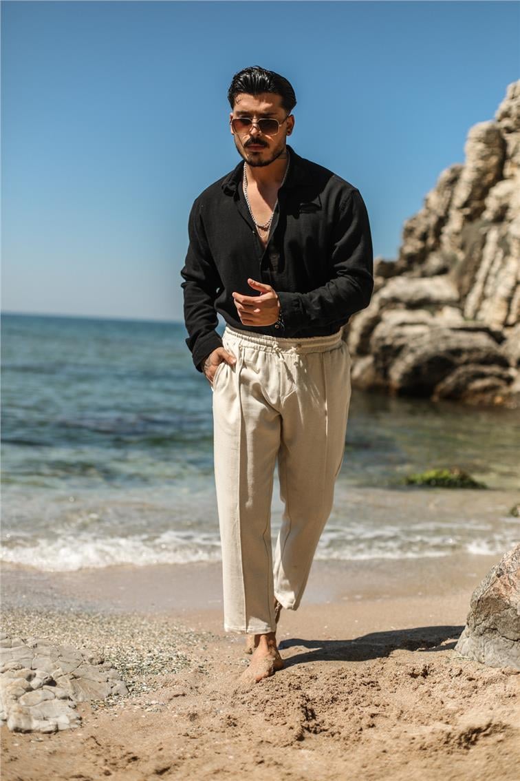 Örgü İpli Keten Boyfriend Pantolon Bej