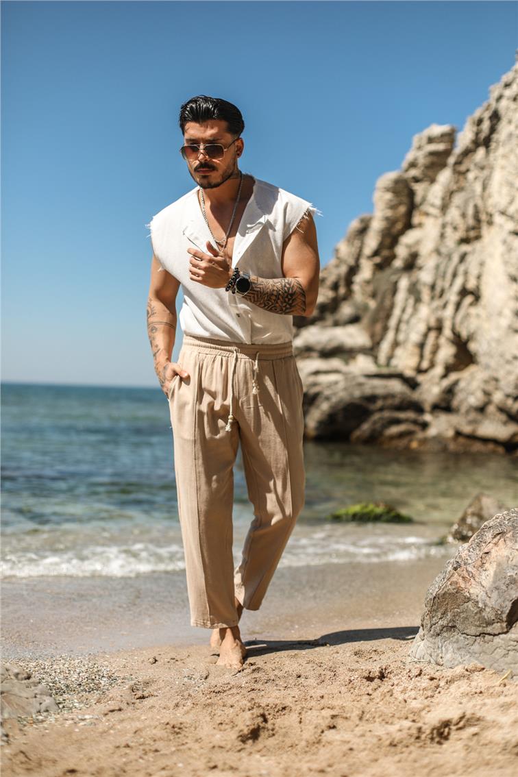 Örgü İpli Keten Boyfriend Pantolon Krem