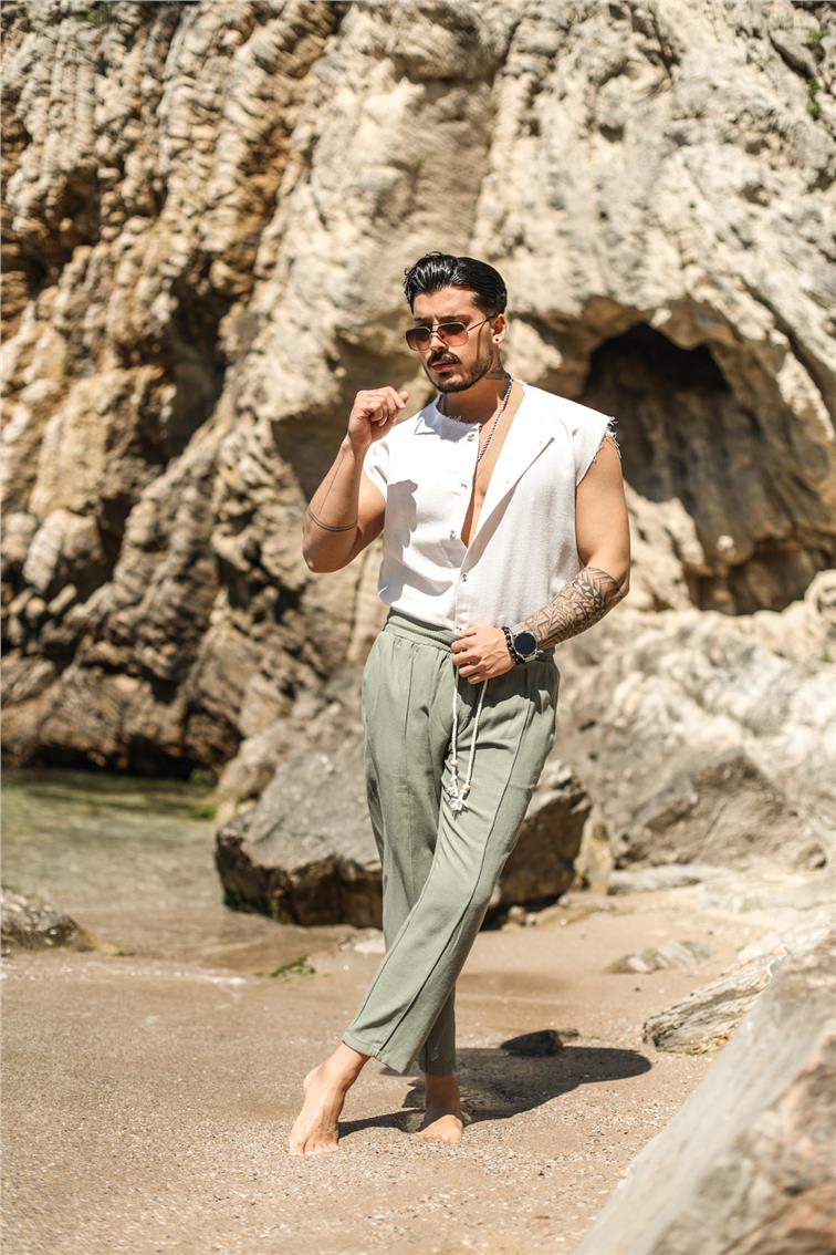 Örgü İpli Keten Boyfriend Pantolon Mint