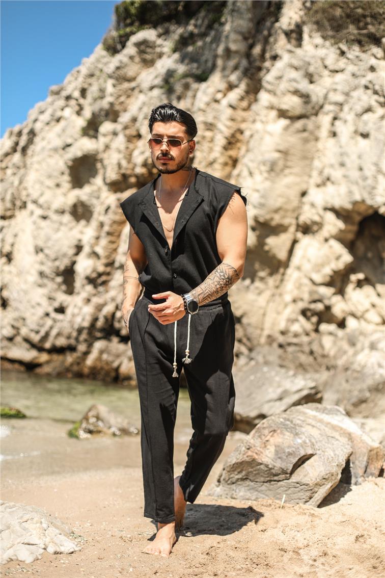 Örgü İpli Keten Boyfriend Pantolon Siyah