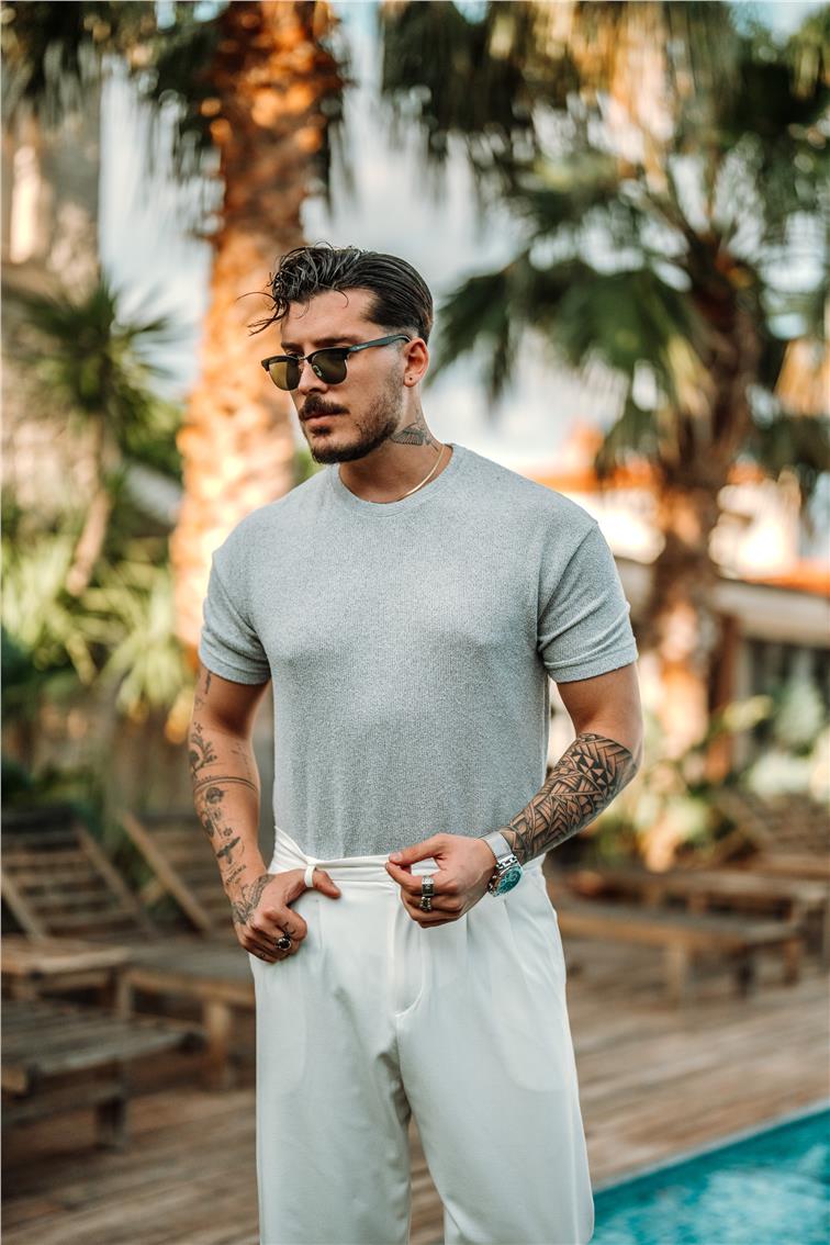 Örgülü Likralı T-Shirt Gri