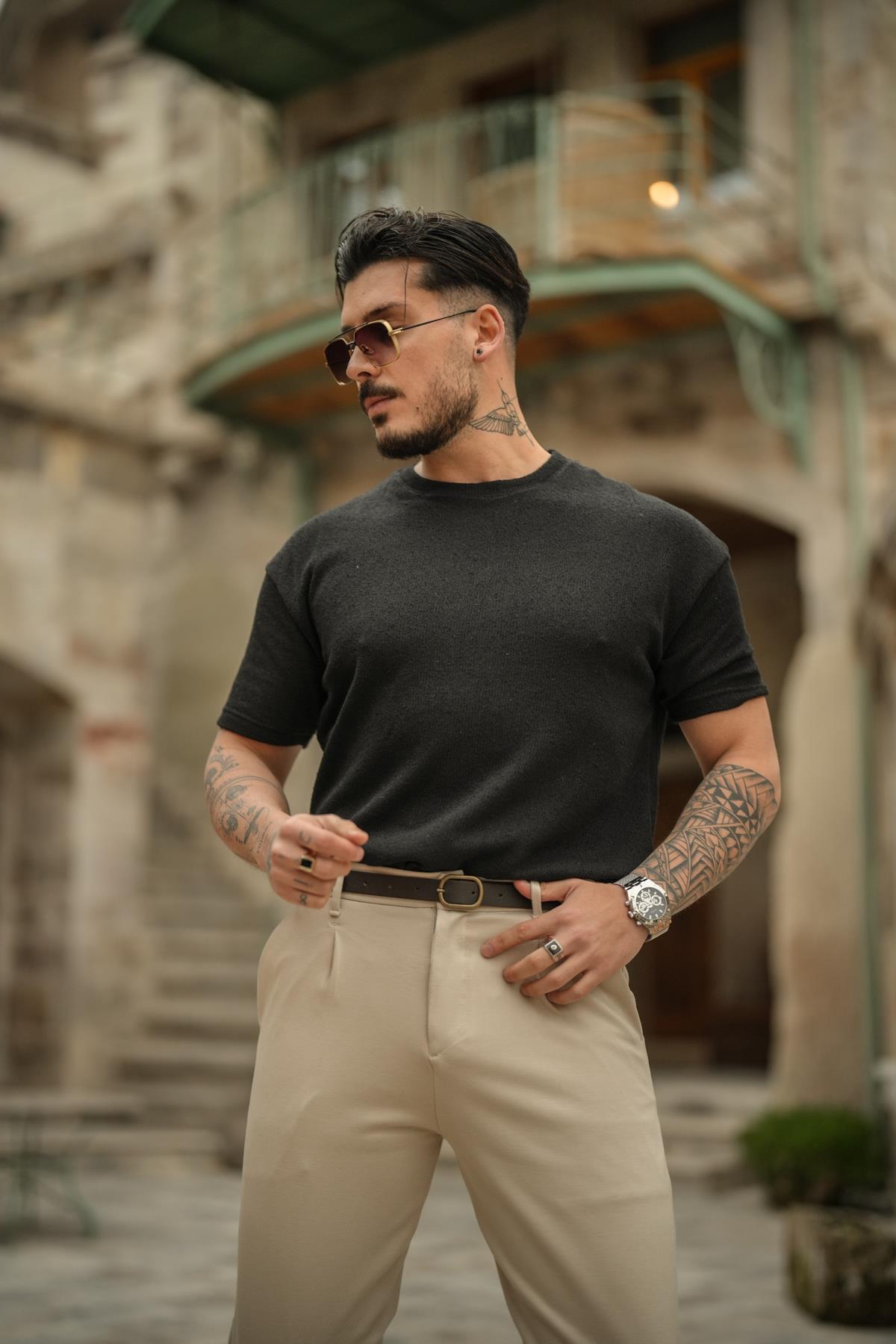 Örgülü Likralı T-Shirt Siyah